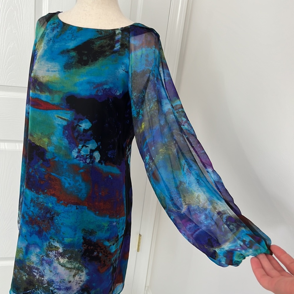 Cache 100% silk cocktail sheath mini dress Sz 4 blue, black, green